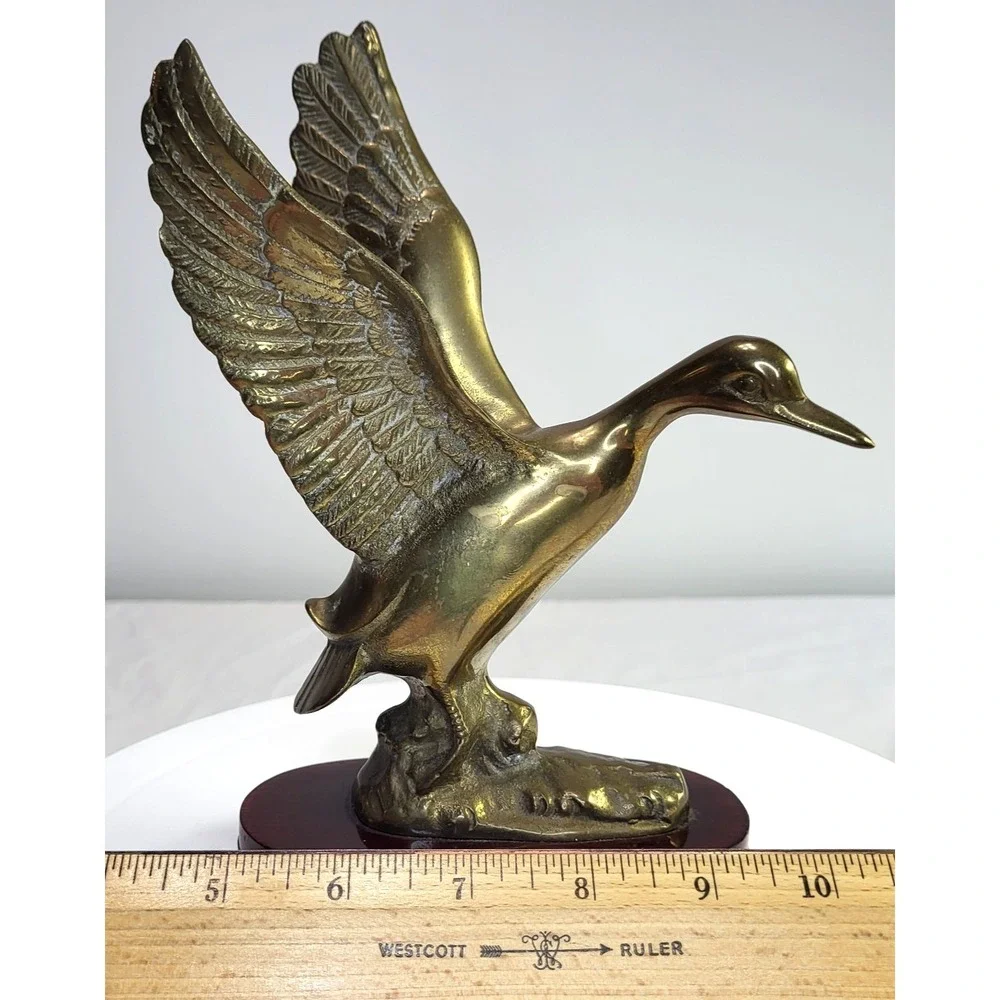 Brass Patina Duck Figurine on Wood Stand Great City Traders San Fransisco Vtg